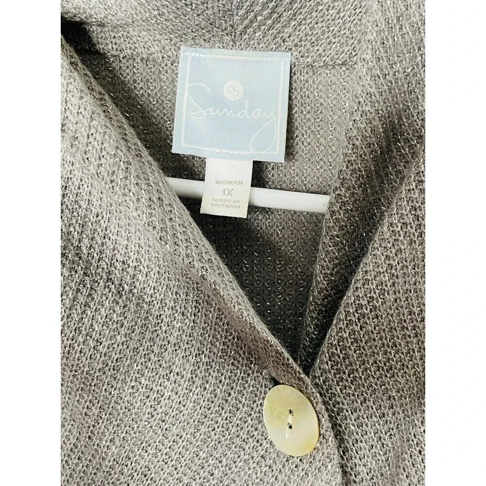 Sunday Womens Knit Metallic Cardigan Sz 1X Button Up Gray Long Sleeve Asymmetric